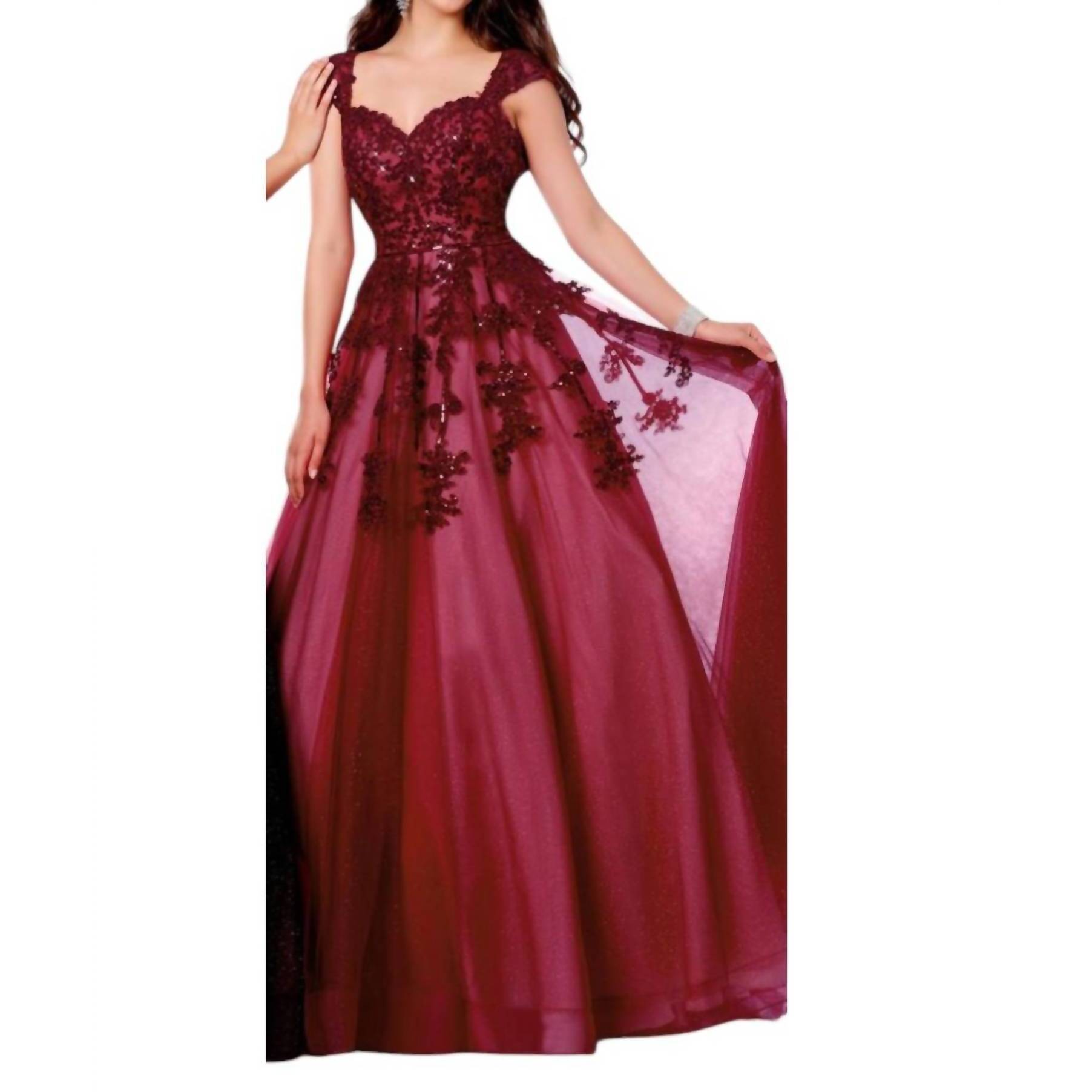 New Karishma Creations Embroidered Glitter Tulle Dress In Burgundy/Nude